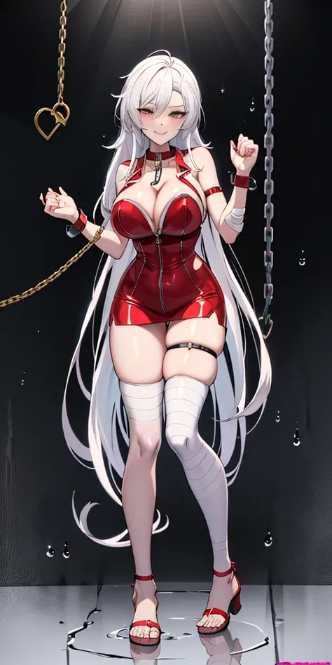 a single (mature MILF BIMBO LONG white hair), (FULL BODY) perfect face, wearing tight leather bandages, BIG KNOCKERS CLEAVAGE, lustful smirking smile red blush red cheeks, chain leash, kneeling, shackles, leather black collar slave, ((BLACK background)) WI...