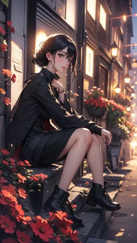 (Highly detailed CG unit 8k wallpaper, masterpiece, High resolution, highest quality, highest qualityのリアルテクスチャスキン), Fashion model sitting on the edge of a flower bed, Close-up:1.2, Ash gray shorthair:1.3, (Stalgic and inorganic fashion, Layered maxi skirt ...