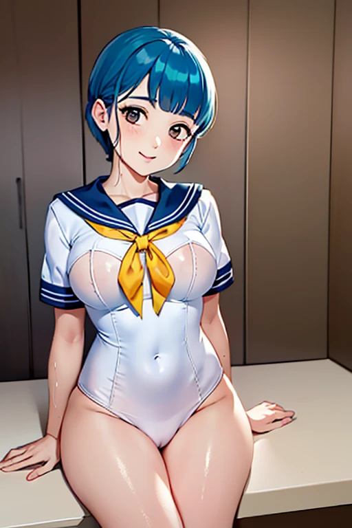 turquoiseblue short hair、Colossal tits、(sexypose:1.4)、(blushed face:1.4)、A smile、put out the tongue、((Heart-shaped pupil))、happily face、(((a sailor suit)))、Black stockings、perfect anatomia、Older sister who dotes on her brother、((The crotch is wet))