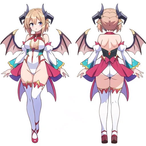 masterpiece, best quality, cute eyes, 1girl, solo, high fantasy costume, ((white background)), full body, multiple views, leotard, succubus, dragon horn, detached sleeves,