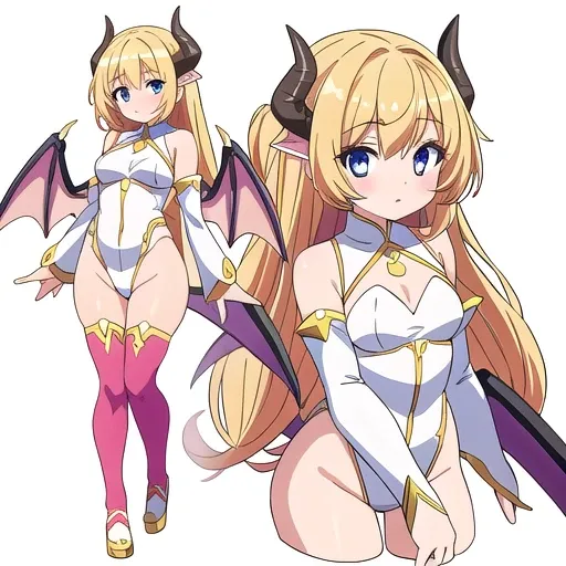 masterpiece, best quality, cute eyes, 1girl, solo, high fantasy costume, ((white background)), full body, multiple views, leotard, succubus, dragon horn, detached sleeves,