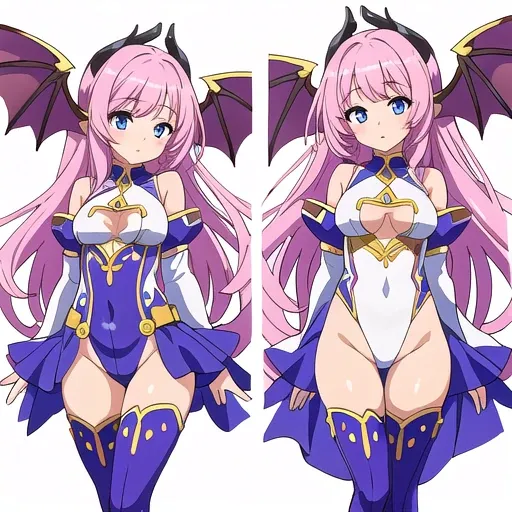 masterpiece, best quality, cute eyes, 1girl, solo, high fantasy costume, ((white background)), full body, multiple views, leotard, succubus, dragon horn, detached sleeves, body stocking,