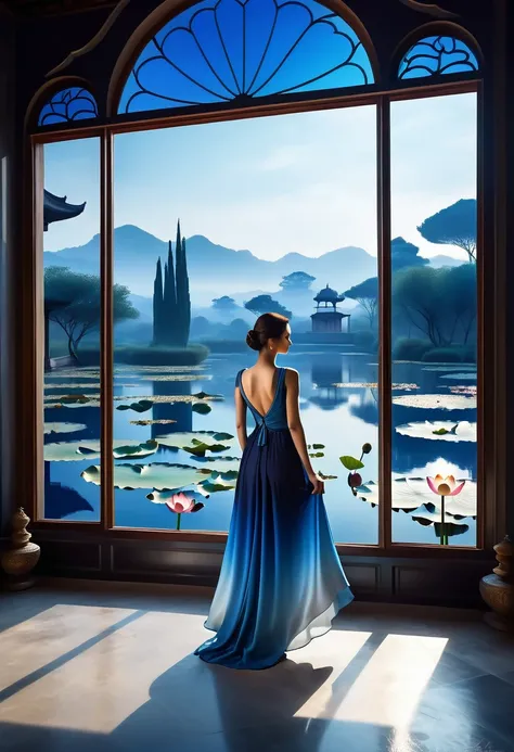 beautiful dark room，There is a big window,  The scenery outside the window，(Looking out from the window:1.5)，Roman style windows，An elegant woman wearing a blue gradient dress standing by the window.  A large lotus pond outside the window, creating a surre...