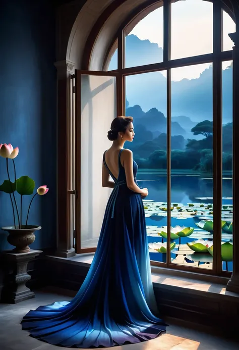 beautiful dark room，There is a big window,  The scenery outside the window，(Looking out from the window:1.5)，Roman style windows，An elegant woman wearing a blue gradient dress standing by the window.  A large lotus pond outside the window, creating a surre...