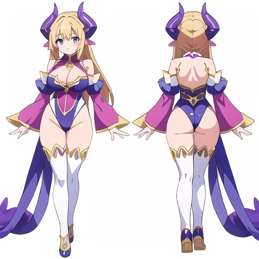 masterpiece, best quality, cute eyes, 1girl, solo, high fantasy costume, ((white background)), full body, multiple views, leotard, succubus, dragon horn, detached sleeves, cleavage cutout,