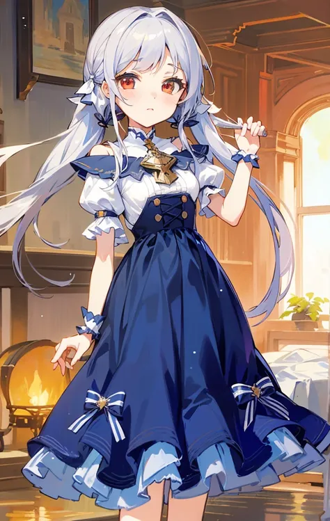 18-year-old,highest quality,very delicate illustration,masterpiece,Delicate red eyes,gray hair,low twintails,White ribbon hair fastening,Medium breasts,anime girl in a blue dress, azur lane style, my dress up darling anime, From the Azur Lane video game, s...