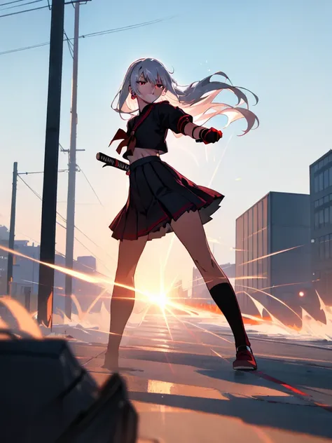 cartoon, sukeban illyasviel_von_einzbern, mature_female, silver hair, holding yoyo, combat pose, full body, flowing hair, hair between the eyes, asymmetrical hair, red eyes, delicate facial features, sukeban deka clothe, looking_at_viewer, outdoors, backgr...