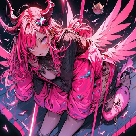 high quality full body, highly detailed, 8K Ultra HD, beautiful, 18 year old evil demon with wings, horns on head, glowing pink hair, full body, powerful nebula and blackhole flying In the background, luminescent light floating from the ground, calendario ...