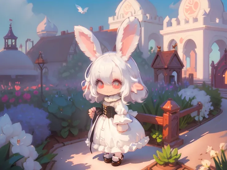 Voxels,(3D Big Pixel Art,3D Pixel Art),Large pixels,solo,#1 girl(3D Pixel Art:2.0,Chibi,cute,kawaii,small kid,white hair:1.6,long hair,white rabbit ear,white dress,red eyes,big eyes,skin color white,big hairbow,holding bailoon,balloon is rabbit shaped,litt...