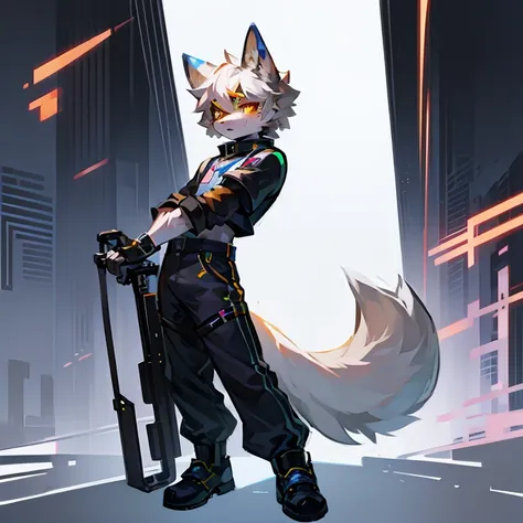 cyber punk perssonage，epcot，Tech style，solo person，White body，White ears，White hair，Overall white，Orange-yellow eyes，Wolf tail，Wolf orcs，Young，Wear a short-sleeved shirt，Ultra-clear screen，Soft lines