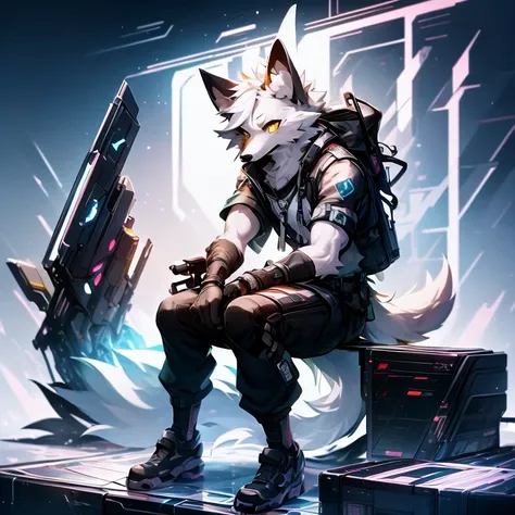 cyber punk perssonage，epcot，Tech style，solo person，White body，White ears，White hair，Overall white，Orange-yellow eyes，Wolf tail，Wolf orcs，Young，Wear a short-sleeved shirt，Ultra-clear screen，Soft lines