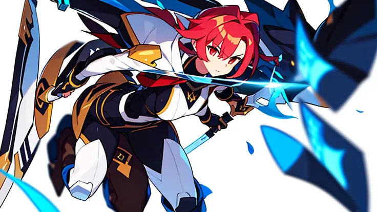 female , character focus, (((strong blurry background))), ((white background)), solo, holding sword, 