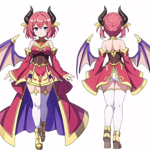 masterpiece, best quality, cute eyes, 1girl, solo, high fantasy costume, ((white background)), full body, multiple views, succubus, dragon horn, detached sleeves, 