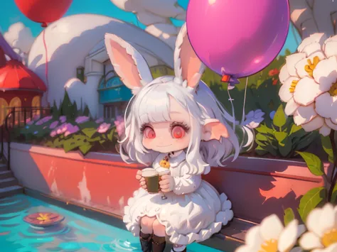 (3D,3D Art)#1 girl(3D Art:2.0,Chibi,cute,kawaii,small kid,white hair:1.6,long hair:1.6,white rabbit ear,white dress,red eyes,big eyes,skin color white,big hairbow,holding balloon,little smile),#background(outdoor,at beautiful amusement park,dynamic angle:1...