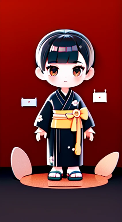 （（（Right in front）））、boy１people、2d character、from the front、symmetrical pose、Standing in honor、Four-headed character、boy、black hair、bangs、black kimono、無地のblack kimono、Wearing sandals、contour of the face、gills are fluttering、