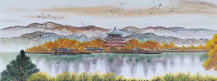 ((masterpiece)), ((best quality)), ((high resolution)), ((ink)), ((artist)), ((Extreme details)), a chinese tower, autumn, golden Trees, autumn_foliage, Birds Chinese painting, leaf, maple_leaf, Mountain, lake, mountaiNous_horizon, No_Humanity, outdoor, la...