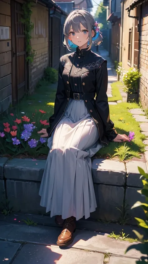 (Highly detailed CG unit 8k wallpaper, masterpiece, High resolution, highest quality, highest qualityのリアルテクスチャスキン), Fashion model sitting on the edge of a flower bed, Close-up:1.2, Ash gray shorthair:1.3, (Stalgic and inorganic fashion, Layered maxi skirt ...