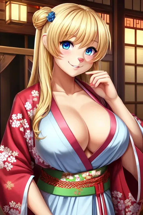 Busty blonde high school otter girl, wearing a festive kimono at a Bon festival, ((best quality)), ((masterpiece)), (detailed), perfect face, blue eyes, medium breasts