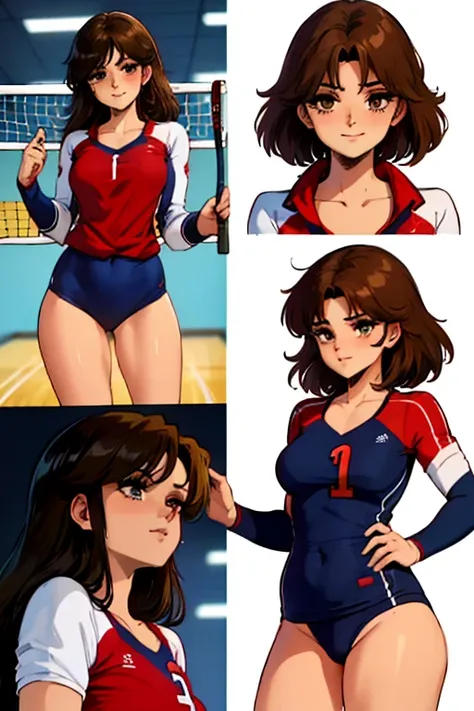 (anime one, estilo de arte retro, pinceladas limpias, muy detallado, perfect anatomy), (cancha de voleibol, fondo cuadrado), 1 c...