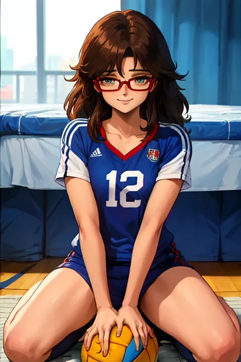 (anime one, estilo de arte retro, pinceladas limpias, muy detallado, perfect anatomy), (cancha de voleibol, fondo cuadrado), 1 c...