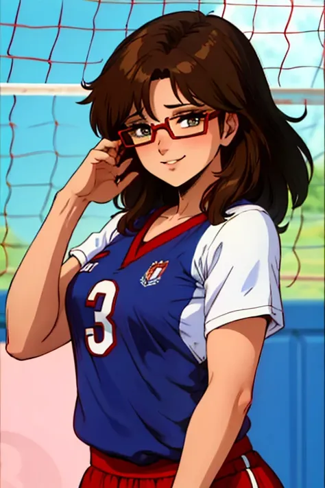 (anime one, estilo de arte retro, pinceladas limpias, muy detallado, perfect anatomy), (cancha de voleibol, fondo cuadrado), 1 c...