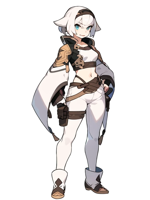 solo, female, crop top, ((( white background))), character focus, fantasy outfit, standing, character design, full body,
