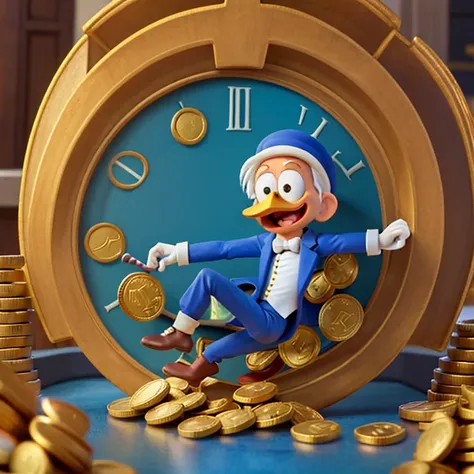 Scrooge Mcduck, looney tunes, duck-human hybrid, diving into coins, pool of coins, Bitcoin, Bitcoin coins, at New York stock exchange, 