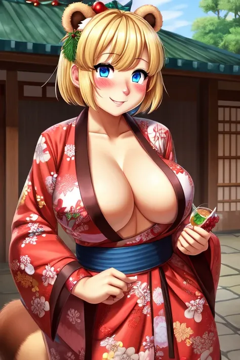 Busty, shy blonde tanuki girl, blushing wearing a festive kimono at a Bon festival, ((best quality)), ((masterpiece)), (detailed), perfect face, blue eyes, breasts