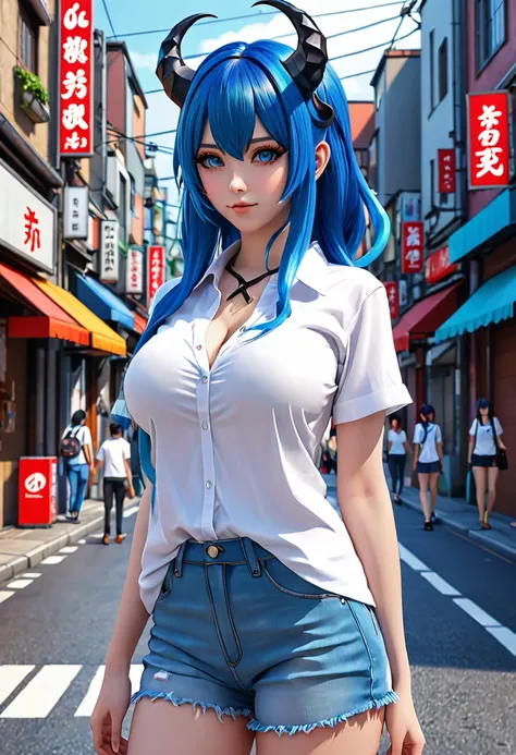 Anime girl with blue hair and horns on the street, 3D real anime, 2. 5d cgi anime fantasy artwork, anime style 3d, anime style. 8K, 4k anime style, 3D style realistic anime, DeviantArt Artstation CGScosiety, digital anime art, gweitz style art art, detaile...