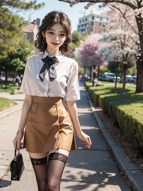 ((whole body)), ((from below)), ((walking in the park)), ((realistic)), 1 girl, looking at viewer, detailed scene, Curly hair, air bang, beautiful hair accessories, Short yellow hair with a brown tint, ((white colored blouse, short black tight skirt, neck ...