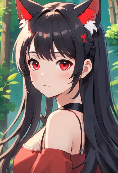 ,((long hair slightly wavy slightly past the shoulders, black bangs, small black pigtails on the sides, cute cat ears, beautiful thin red eyes,)), (realista de Minecraft)