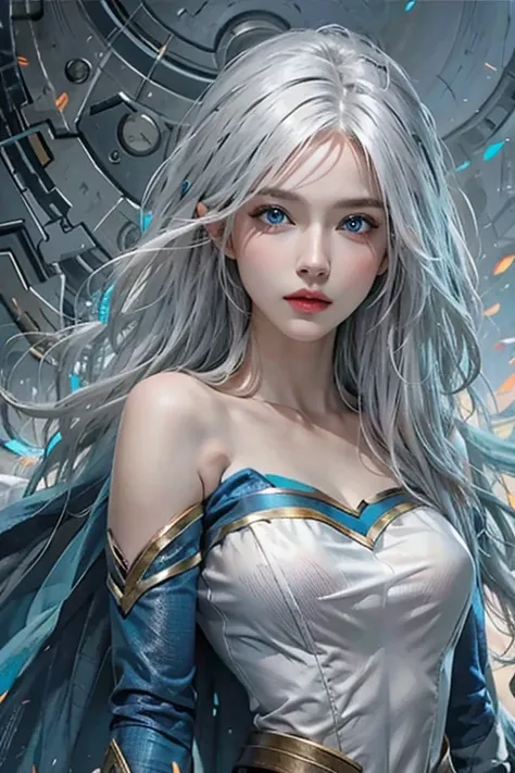 realistic, high resolution, 1 woman, alone, hips up,have blue eyes, look at the viewer., (detailed face), has blue eyes,white hair, Supergirl costume, tattoo, decorate