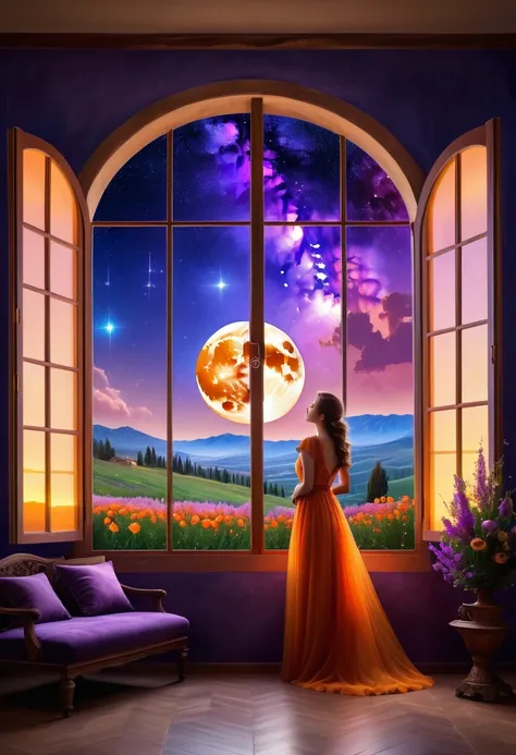  Windows in Roman architectural style，Girl standing by the window，The scenery outside the window，Looking out from the window，vast landscape photos, (A view of the sky and the wilderness below), Standing in the flower field and looking up, (full moon: 1.2),...