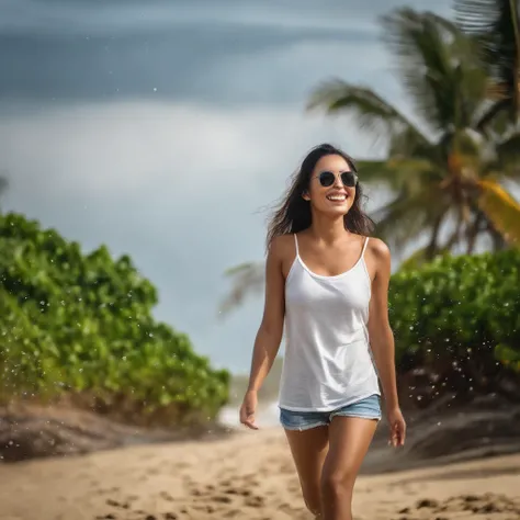 phototografi of realistic beautiful a indonesian happy woman with long hair walking on a kuta beach. she is wearing a  white t-shirt that was splashed water droplets were visible. background Kuta beach bali indonesia, gambar full HD 4, Hyperrealism, Realis...