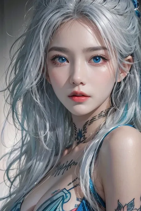 realistic, high resolution, 1 woman, alone, hips up,have blue eyes, look at the viewer., (detailed face), has blue eyes,white hair, Creation, tattoo, decorate