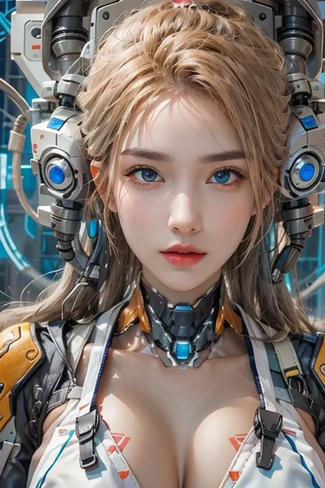 realistic, high resolution, 1 woman, alone, hips up,have blue eyes, look at the viewer., (detailed face), has blue eyes,white hair, cybernetic robot,Metallic orange body,tattoo, decorate