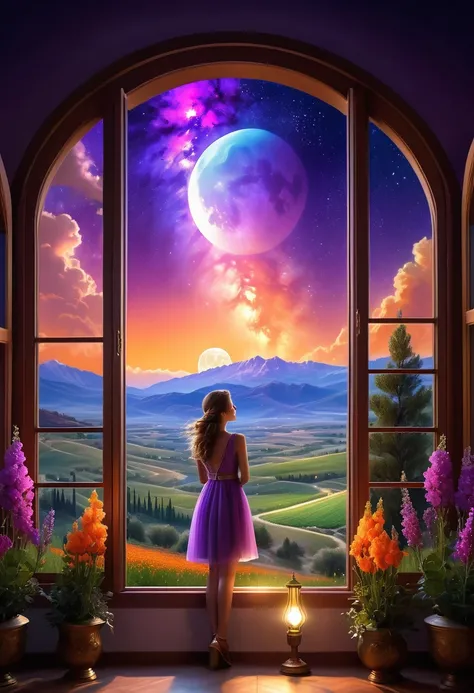  Windows in Roman architectural style，Girl standing by the window，The scenery outside the window，Looking out from the window，vast landscape photos, (A view of the sky and the wilderness below), Standing in the flower field and looking up, (full moon: 1.2),...