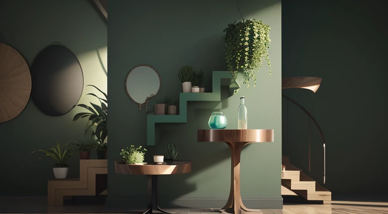 Close-up of two tables，The background is a plant, 3D rendering style, playful composition, Stylized for 3D rendering, High quality rendering, Stylized 3D rendering, abstract scene design, Rendering in Arnold, Sea green theme, Curved furniture, Perfect mini...