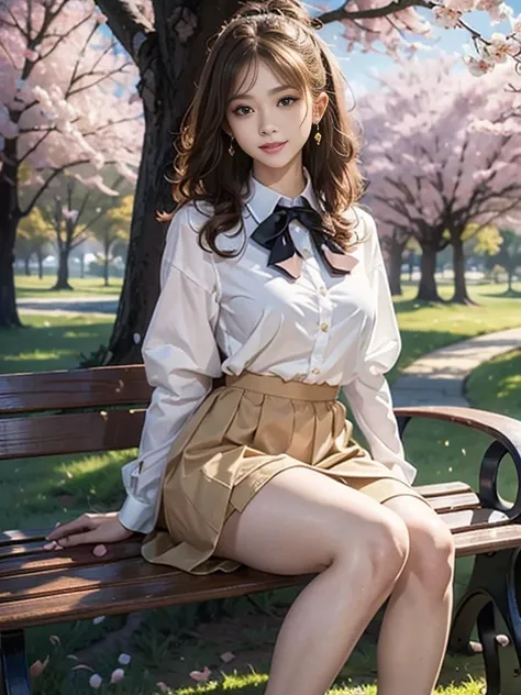 ((whole body)), ((from upper)), ((sitting on a park bench)), ((realistic)), 1 girl, looking at viewer, detailed scene, Curly hair, air bang, beautiful hair accessories, brownish yellow hair, ((white colored blouse, Short tight skirt, neck bow tie, high hee...