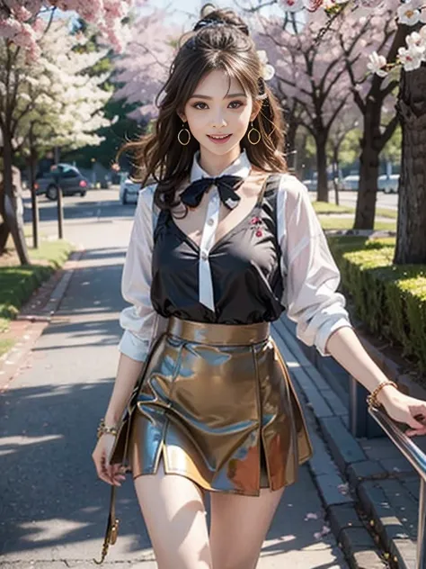 ((whole body)), ((from the front)), ((walk in the park)), ((realistic)), 1 girl, looking at viewer, detailed scene, Curly hair, air bang, beautiful hair accessories, brownish yellow hair, ((white colored blouse, Short tight skirt, neck bow tie, high heel))...