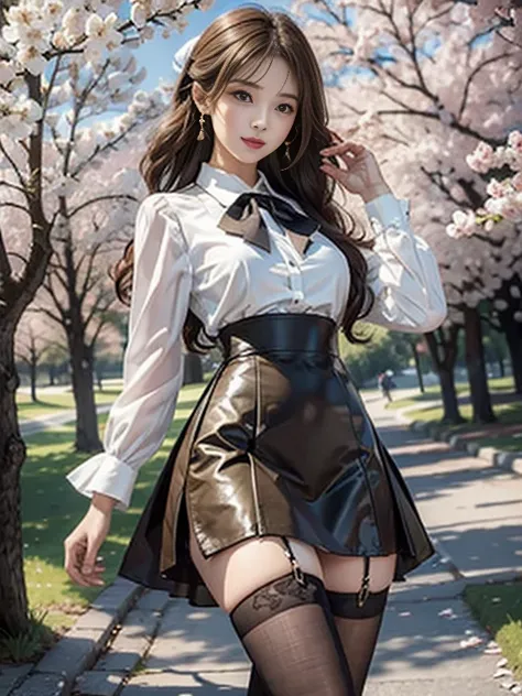 ((whole body)), ((from below)), ((walk in the park)), ((realistic)), 1 girl, looking at viewer, detailed scene, Curly hair, air bang, beautiful hair accessories, brownish yellow hair, ((white colored blouse, Short tight skirt, neck bow tie, high heel)), (C...