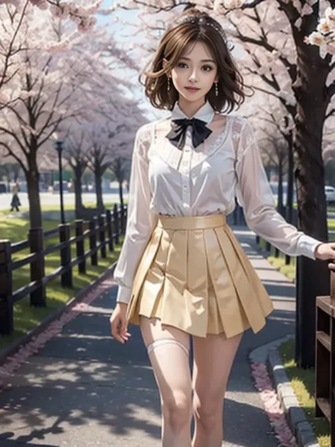 ((whole body)), ((from the front)), ((walk in the park)), ((realistic)), 1 girl, looking at viewer, detailed scene, Curly hair, air bang, beautiful hair accessories, brownish yellow hair, ((white colored blouse, Short tight skirt, neck bow tie, high heel))...