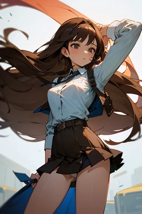 A young woman with ((long brown hair and gray eyes)), wearing sexy clothes, a skirt with a slit that reaches to her waist, (((flapping in the wind, and no underwear))).