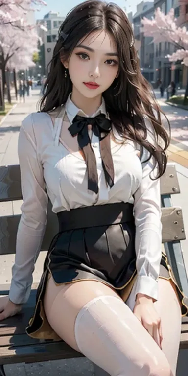 ((whole body)), ((from the front)), ((sitting on a park bench)), ((realistic)), 1 girl, looking at viewer, detailed scene, straight hair, air bang, beautiful hair accessories, brownish yellow hair, ((white colored blouse, short black tight skirt, neck bow ...