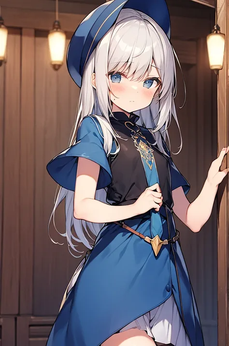 kawaii shota,light blue witchs clothes and hat,silver hair,long loose hair,