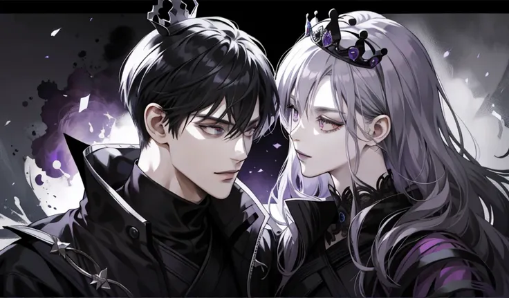 Ninja couple, king and queen, gothic crown and tiara, side by side, Gray and black, dark romance, raw concept art, masterpiece illustration, purple eyes for the king and black for the queen