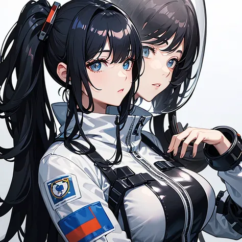 (masterpiece), (perfect hands), best quality, expressive eyes, perfect face, (one woman) with long curly black hair in high pigtails and bangs, wearing latex scifi outfit, wearing astronaut helmet, cute pose, headshot