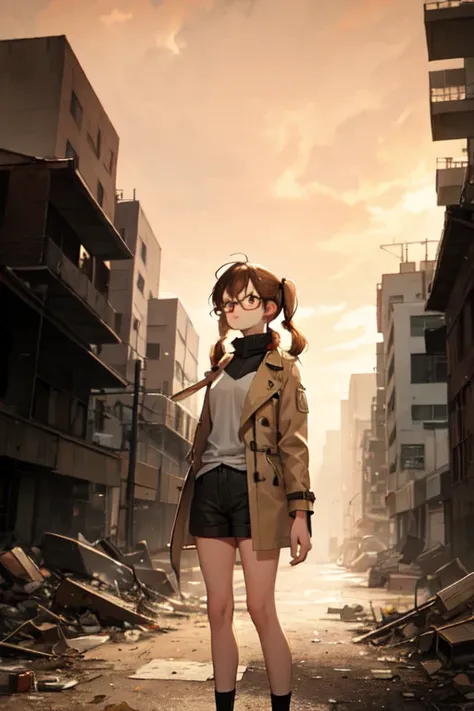 13 year old girl, with glasses, beige trench coat, shorts, dirty t-shirt, disheveled brown hair, two pigtails at the back of the neck, dirty, dusty, post-apocalyptic future, destroyed city, orange sky, anime