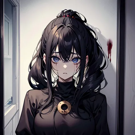 (masterpiece), (perfect hands), best quality, expressive eyes, perfect face, (one woman) with curly black hair in ponytail and bangs, wearing black turtleneck with chest cutout, posing fearfully backed up against a wall, crying, covered in blood, horror, s...