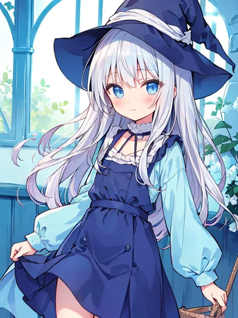 ultra cute young boy,light blue witch's clothes,silver hair,long loose hair,